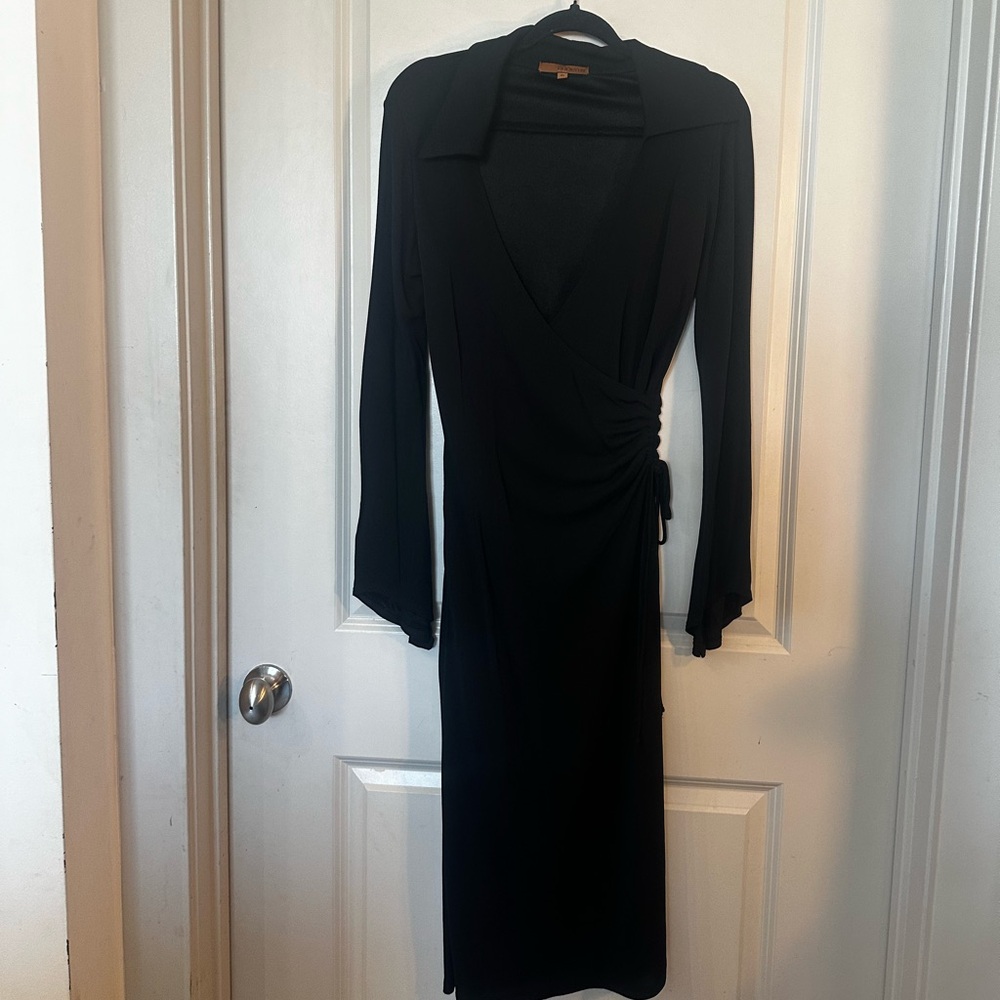 Arden B Vintage Y2K Asymmetric Deep V Wrap Style Slinky Midi Black Dress, Medium
